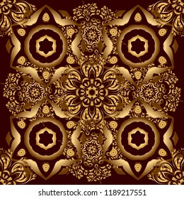 Traditional Indian style, ornamental golden elements with henna tattoo, golden stickers, mehndi and yoga design, cards and prints. Vector golden mehndi seamless pattern on brown.