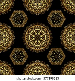 Traditional Indian style, ornamental golden elements with henna tattoo, golden stickers, mehndi and yoga design, cards and prints. Vector golden mehndi seamless pattern on black.