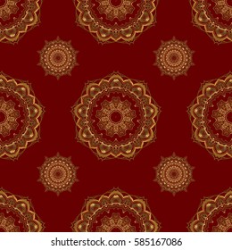 Traditional Indian style, ornamental golden elements with henna tattoo, golden stickers, mehndi and yoga design, cards and prints. Vector golden mehndi seamless pattern on red.
