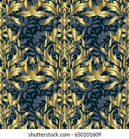 Traditional Indian style, ornamental golden elements with henna tattoo, golden stickers, mehndi and yoga design, cards and prints. Vector golden mehndi seamless pattern on blue.