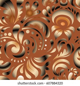 Traditional Indian style, ornamental multicolored elements with henna tattoo, multicolored stickers, mehndi and yoga design, cards and prints. Vector multicolored mehndi seamless pattern on brown.