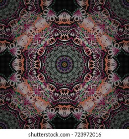Traditional Indian style, ornamental pink, orange and green elements with henna tattoo, stickers, mehndi and yoga design, cards and prints. Vector mehndi seamless pattern on black.