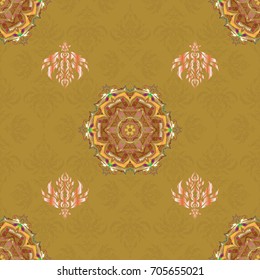 Traditional Indian style, ornamental yellow and brown elements with henna tattoo, stickers, mehndi and yoga design, cards and prints. Vector mehndi seamless pattern.