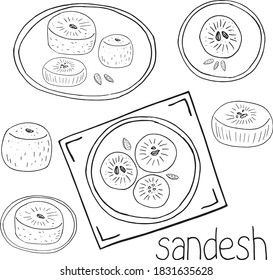 traditional indian sweets sandesh on a plate set sketch hand drawn icon concepts collection of vector doodle elements, monochrome, minimalism. food, menu, dessert, label, card, sticker poster
