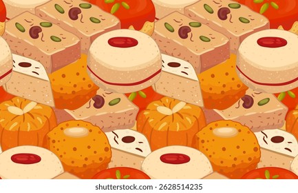 tradicional indiano doces padrão sem costura com barfi, peda, laddu e mithai - fundo de sobremesa oriental colorido para diwali, embalagem, têxteis