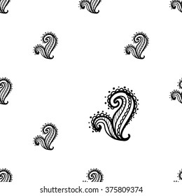 Traditional Indian symbols: floral symbol. Hand drawn sketch paisley and mehendi graphic black line decoration items on white background. Seamless pattern on white backdrop