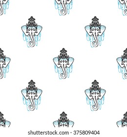 Traditional Indian symbols: ganesh. Hand drawn sketch paisley and mehendi graphic black line decoration items on white background. Seamless pattern on white backdrop