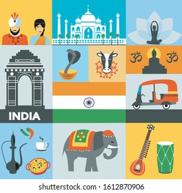 Traditional Indian symbols. India vector icons. Vector illustration
