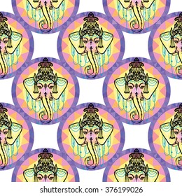 Traditional Indian symbols: mandala ganesh. Hand drawn sketch paisley and mehendi graphic black line decoration items on white background. Seamless pattern on white backdrop