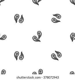 Traditional Indian symbols: paisley, ganesh, lotus. Hand drawn sketch paisley and mehendi graphic black line decoration items on white background. Seamless pattern on white backdrop