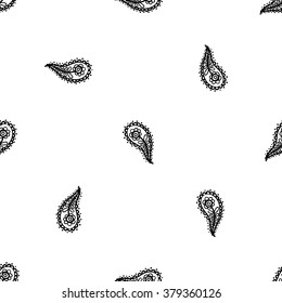 Traditional Indian symbols: paisley. Hand drawn sketch paisley and mehendi graphic black line decoration items on white background. Seamless pattern on white backdrop