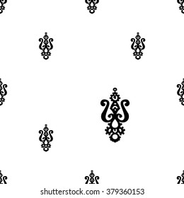 Traditional Indian symbols: paisley tattoo. Hand drawn sketch paisley and mehendi graphic black line decoration items on white background. Seamless pattern on white backdrop