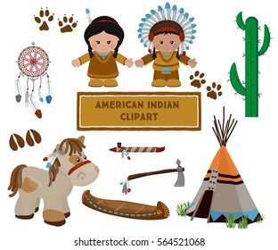 Traditional indian symbols set with cartoon characters of American Indians, man and woman in national dress. Vector illustration