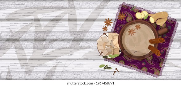 Traditional Indian tea masala on a napkin with an Indian ethnic pattern and spices. Top view of a cup of hot tea on a rustic wooden background. Vector illustration with space for your text.