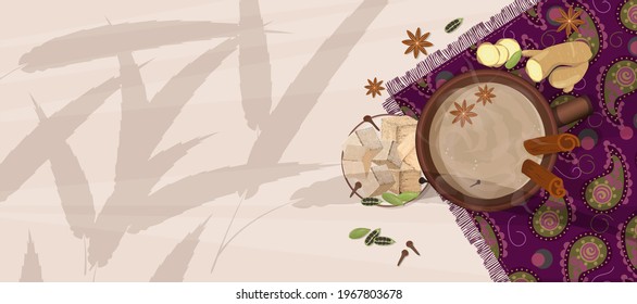 Traditional Indian tea masala on napkin with an Indian ethnic pattern and spices. Top view of cup of hot tea on light background with shadows from bamboo leaves. Vector illustration with copy space.