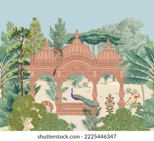 Traditional Indian temple garden, forest, peacock, monkey vector pattern