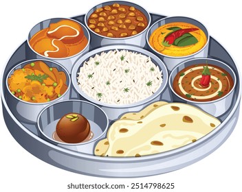 Traditionelles indisches Thali-Essen. Dal Makhani, Dal Tadka, Chole, Kofta Curry, Aloo Gobi Sabji, Gulab Jamun, Roti und Rice 