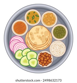 Traditional indian thali meal being served in metal bowls on a round tray