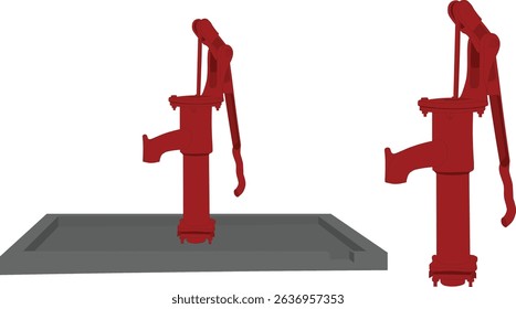 Ilustração tradicional do vetor do tubo indiano com base de cimento e vista lateral - Bomba de água da aldeia manual vermelha para animação, narrativa rural, educação cultural e projetos de saneamento

