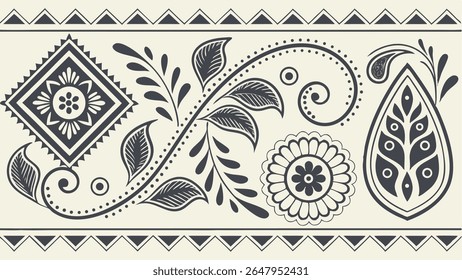 Traditional Indian vector art border with intricate floral, leaf, and paisley motifs. Elegant decorative design element for textiles, invitations, and crafts.