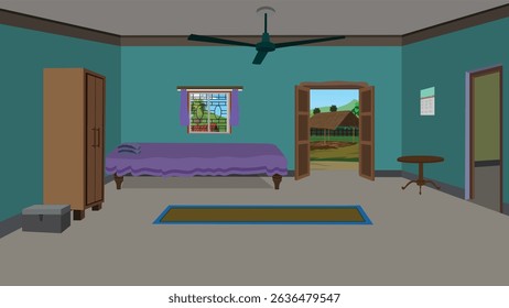 Traditional Indian Village Bedroom Interior with Cot, Wooden Furniture, Open Door and Window – Vector Background for 2D Cartoon Animation, Rural Storyboarding, and Cultural Art Projects

