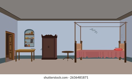 Interior tradicional do quarto da aldeia indiana com mobiliário de madeira, berço e prateleira - fundo vetorial para animação 2D dos desenhos animados, cenas rurais do Storyboard e projetos de ilustração cultural



