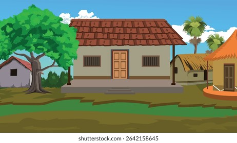 Traditional Indian Village Scene with Tiled Roof House, Mud Hut, Thatched Home, Palm Trees, Rural Background, Native Lifestyle, Flat Cartoon Illustration, Countryside Architecture, Farming Area Art

