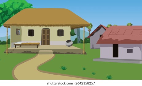 Traditional Indian Village with Thatched Roof Hut, Mud House, Charpai, Trees, Countryside Path, Rural Home Scene, Farming Area, Palm Background, Native Lifestyle, Cartoon Style Illustration, Flat Vect