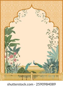 Traditional Indian Wedding Card Illustration, Mughal Wedding card, Holud Wedding Card, Mughal Arch, Peacock.
