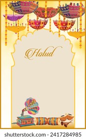 Traditional Indian Wedding card, Wedding Invitation Design, Dhol, Umbrella, Flowers, Watercolor background, Holud Invitation,Haldi.
