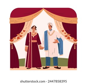 Traditional Indian wedding ceremony. Vector illustration of a bride and groom in ethnic attire, standing under an ornate floral archway, celebrating their union with cultural elegance.