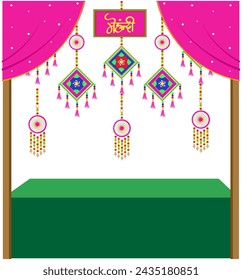 Traditional indian wedding decoration illustration for haldi invite, mehendi ceremony, mehendi background, sangeet night with colorful curtain and tassle hanging.Translation of hindi word: Mehendi