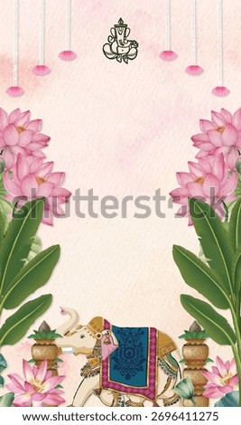 Traditional Indian wedding invitation background with lotus flowers, banana leaves, kalash pots, and a decorated elephant. Watercolor floral frame with Ganesha symbol for Hindu marriage card design.
