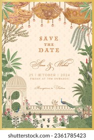 Traditional Indian Wedding Invitation Card Design. Rajasthani Jaipuri wedding decorative colorful umbrellas, an arch, peacocks, and tropical trees. Vector illustration.
