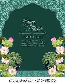 Traditional Indian Wedding Invitation Card. Indian Mughal garden, peacock, lotus and arch frame illustration invitation.