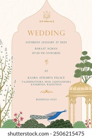 Traditional indian wedding invitation card template design with Mughal arch, ethnic pattern, rajasthani palace, floral decor, lotus, trees and peacock for mehendi, haldi, sangeet, maayra, bhaat invite