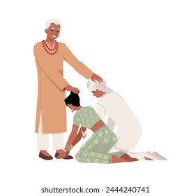 Escena tradicional de bodas india. Un Vector de diseño plano de una pareja que recibe bendiciones de sus mayores, que refleja la esencia de las ceremonias culturales.