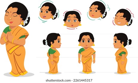 Traditional Indian woman character design and Model Sheet with face expressions. Front, side, view and explainer animation poses.