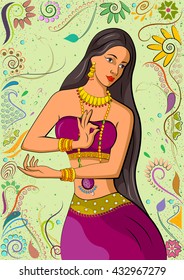 Traditional Indian woman in dancing pose. Vector illustration