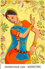 Traditional Indian Woman In Dancing Pose. Vector Illustration