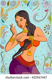 Traditional Indian woman in dancing pose. Vector illustration