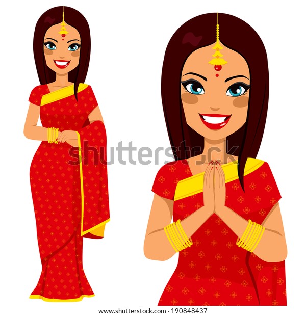 祈りの姿勢と全身のポーズで手を持つ伝統的なインド人女性 のベクター画像素材 ロイヤリティフリー