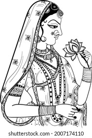 Traditional Indian women painting line art clip art. Black and white Indian wedding symbol Indian bride with flower creative artistic wedding clip art. Black and white women wedding line drawing.