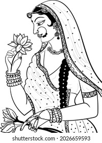 Traditional Indian women painting line art clip art. Black and white Indian wedding symbol Indian bride with flower creative artistic wedding clip art. Black and white women wedding line drawing.