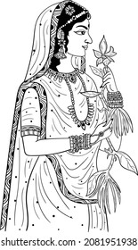 Traditional Indian women painting line art clip art. Black and white Indian wedding symbol Indian bride with flower creative artistic wedding clip art. Black and white women wedding line drawing.