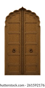 Traditional Indian wooden door with arched top and intricate carvings