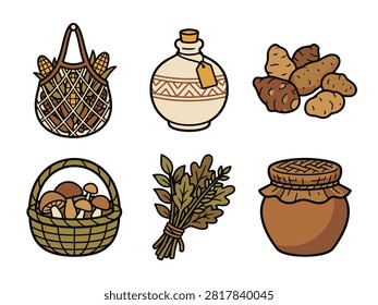 Traditional Indigenous Food Knowledge Icon Set with Clay Jug and Harvest Basket—Ideal for Cultural Cuisine and Culinary Design