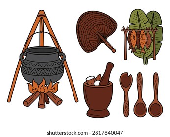 Traditional Indigenous Food Knowledge Icon Set with Cooking Pot and Dried Fish—Ideal for Cultural Cuisine and Culinary Design