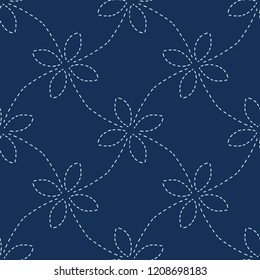 Traditional Indigo Blue Japanese Needlework Seamless Vector Pattern. Sashiko Style Hand Stitch Line Texture for Textile Prints, Classic Japan Decor, Asian  Backdrop or Simple Kimono Quilting Template.