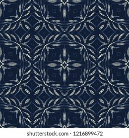 Traditional Indigo Blue Seamless Vector Pattern. Hand Drawn Portugal Tiles Grid. Ornament Texture for Textile Prints, Ethnic Decor, Asian Packaging or Elegant Fashion Fabrics, Masculine Gift Wrap.